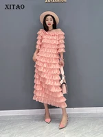xitao fashion sold color dress casual temperament slash neck three quarter cascading ruffle women 2022 new dress wld7913