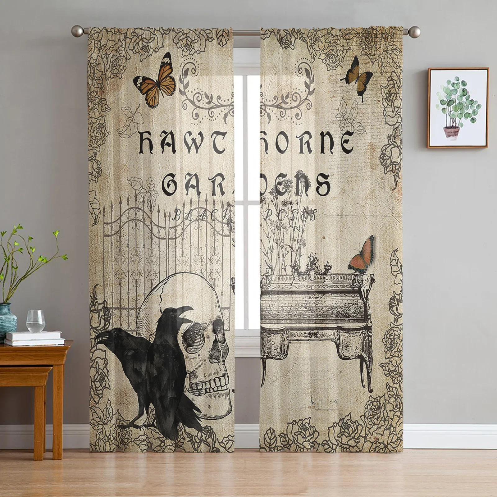 

Halloween Crow Skeleton Voile Curtains For Bedroom Tulle Window Curtain For Living Room Sheer Curtains Blinds Drapes