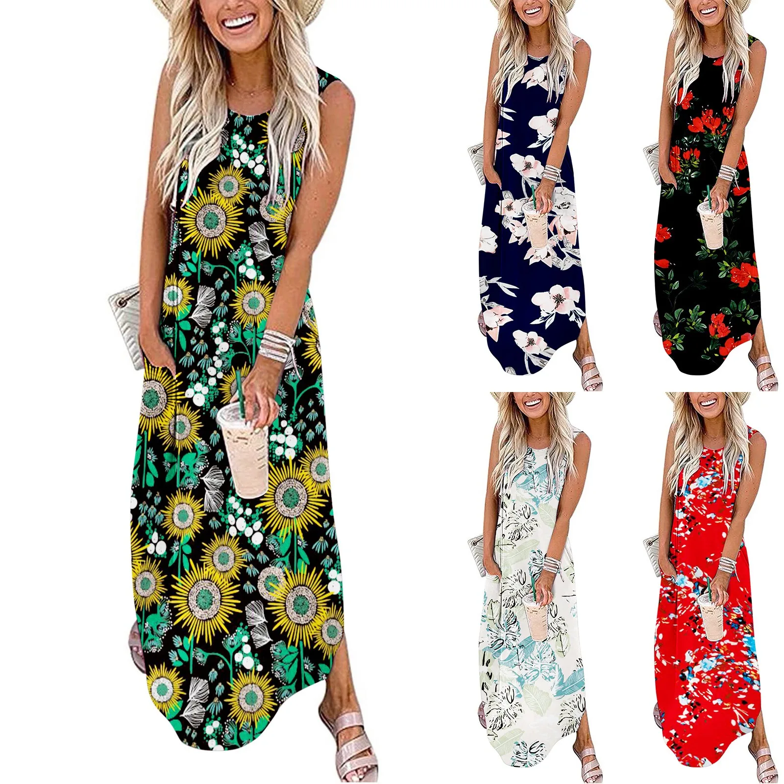 

Женское летнее длинное платье, повседневные свободные макси платья без рукавов с разрезом, летнее пляжное платье с цветочным принтом и карманами