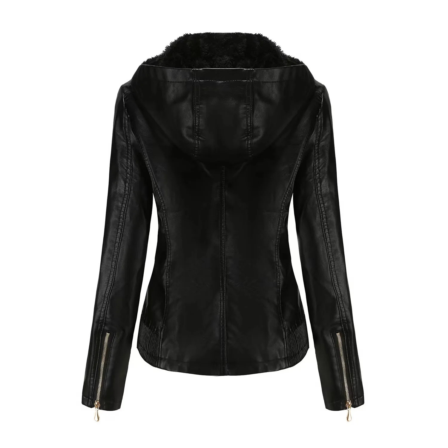 2022 autumn and winter hooded PU leather women's detachable hat zipper long sleeve plus fleece leather jacket slim coat