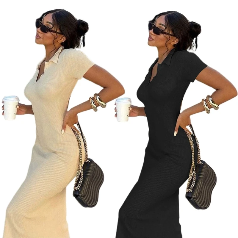 

New style Sexy Slim Ribbed Knitted Dress Short Sleeve Side Split Dress Tie Back Backless Bodycon Dress Y2K V Neck Long Dress