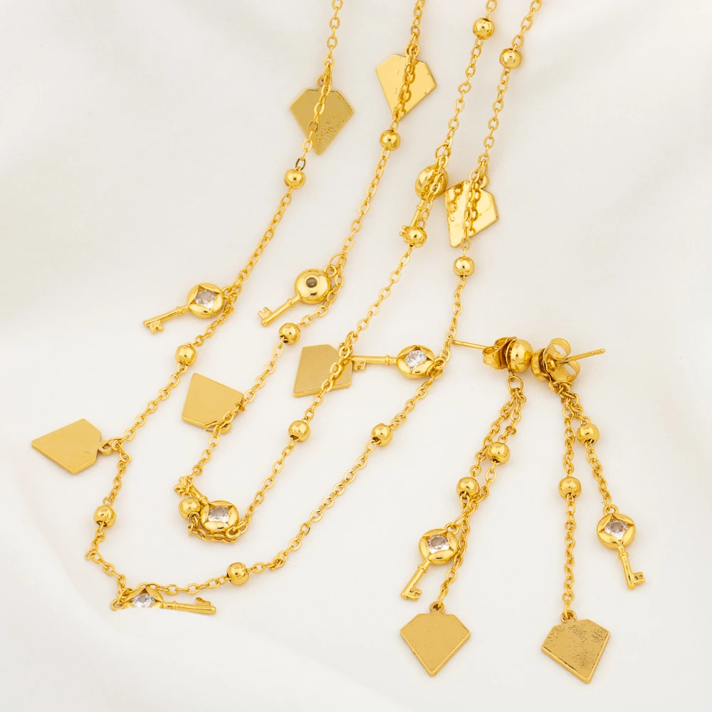 

Long Necklace For Women Fashion Gold Color Waist Chain Round Star Zircon Key Earring Geometric Vintage Pendant Jewelry Accessory
