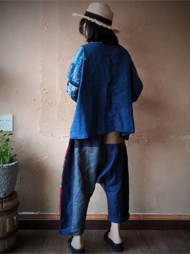 Брюки-султанки женские хлопково-льняные в стиле пэчворк свободные винтажные