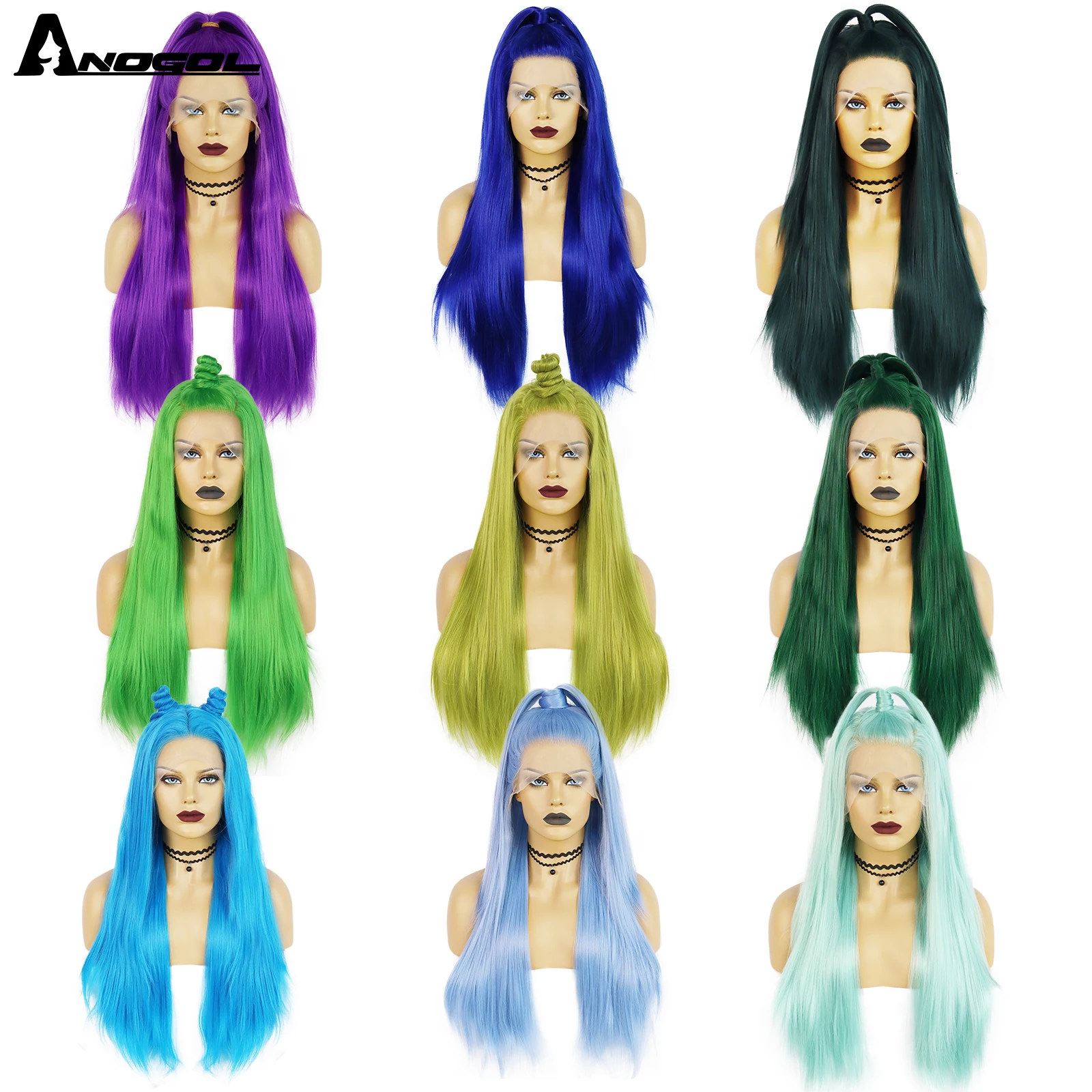 AN Synthetic 13X3 Lace Front Wig Straight Green Blue Heat Risistant Hair Glueless Purple 30IN Long Wig for Black Women Brazilian