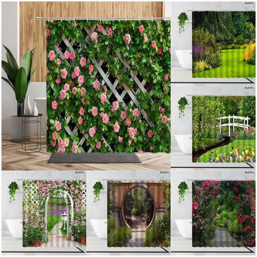 Garden Landscape Shower Curtains Green Vine Flowers Fence Pastoral Background Wall Decoration Waterproof Bath Curtain With Hooks