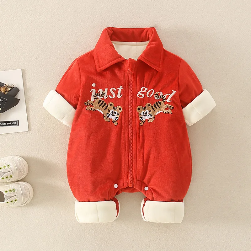 

7Colors Winter Infant Thick Jumpsuit China Style Auspicious Chinese Characters Tiger Embroidery New Year Clothes Baby Rompers