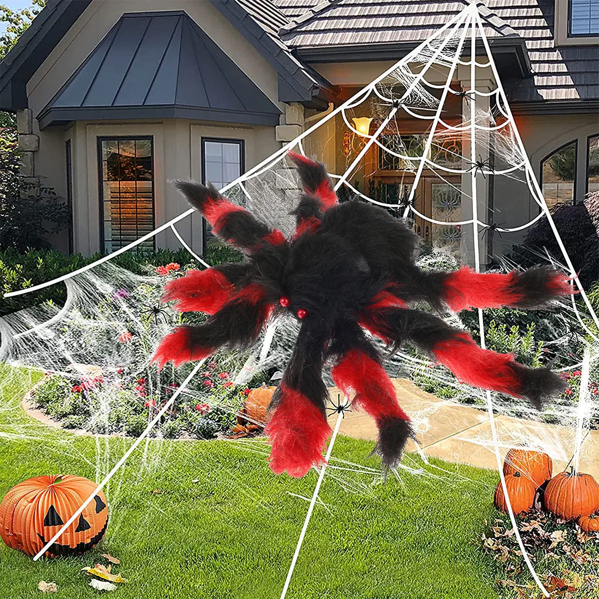 

Паук с паутиной для Хэллоуина, страшный Гигантский паук с гибкими ногами, красные глаза, многоразовый реалистичный поддельный паук для Хэлл...