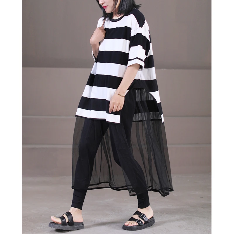 

SuperAen Summer 2022 New Loose Oversized Hem Gauze Spell Lace Fashion O-Neck A-LINE Casual Dresses Women