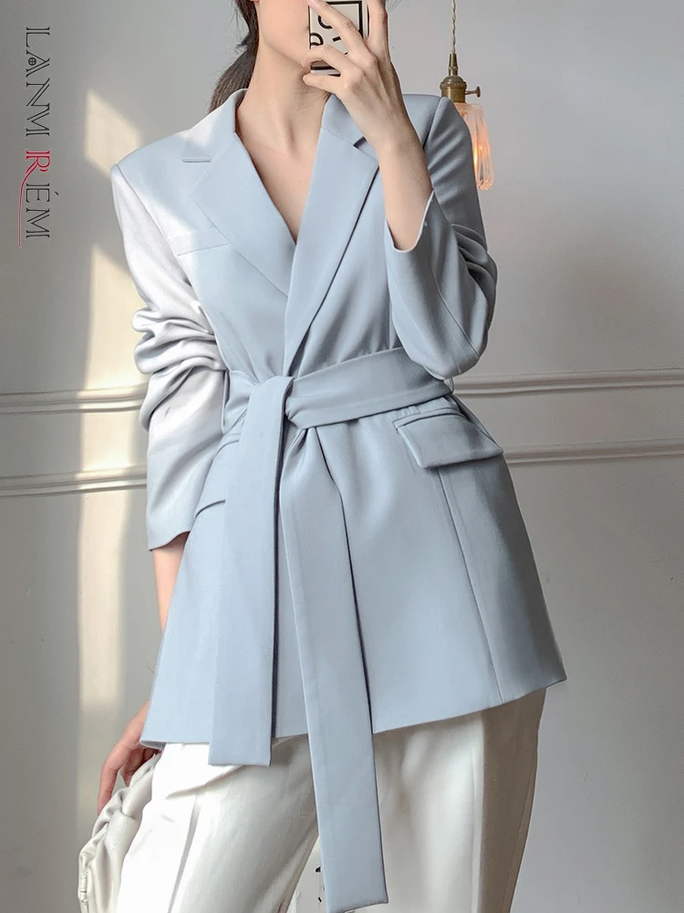 

LANMREM женские блейзеры 2023 Весна бандажный пояс однотонное пальто офисная Дамская Повседневная одежда Блейзер Femme Мода 2R1081