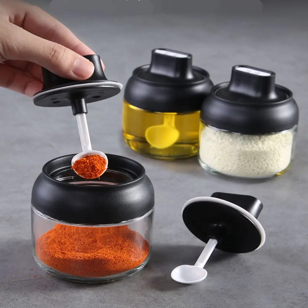 

Kitchen Olive Oil Bottle Moisture Proof Herb Spice Tools BBQ Glass Bottle Spoon cover integrated Spice Pepper Shakers