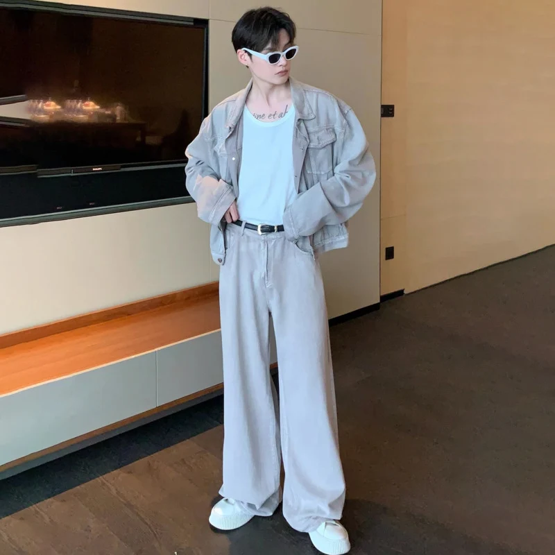 NOYMEI Pink Two Pieces Set Fashionable Long Sleeve Pocket Coat+straight Wide Leg Casual Pants Men Fashionable Trendy WA1595