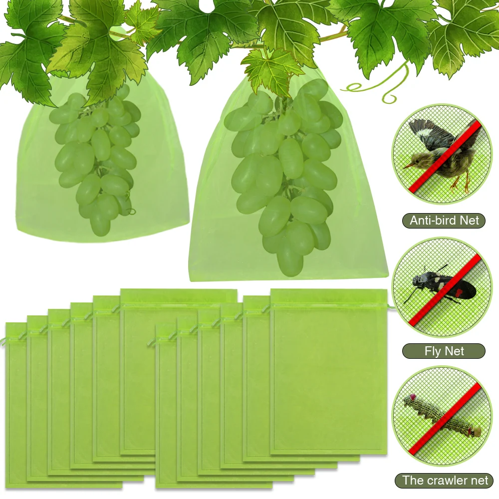 

10-500PCS Fruit Protection Netting Bags with Drawstring Net Barrier for Plant Grape Flowers Cover Mesh Pest Control Anti-Bird
