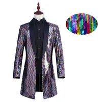 Singer Costume Suit Stage Jackets Long Color Changing Windbreaker Colorful Sequins Men Jackets Casual Turn-down Collar Trench