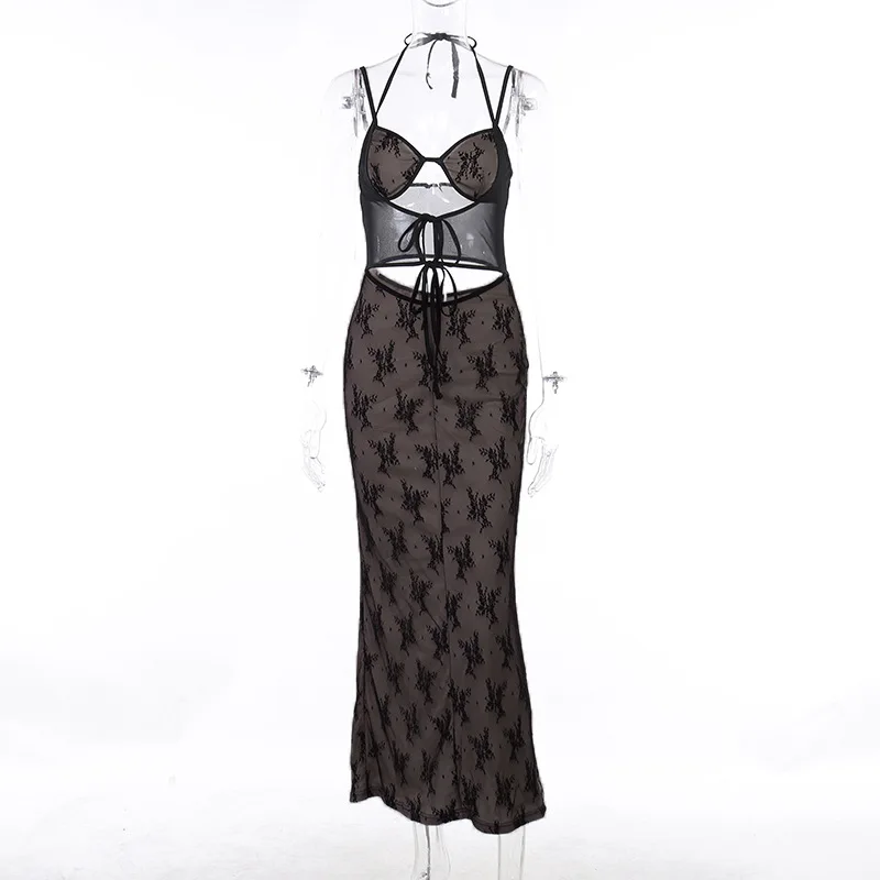 

Summer New Sleeveless High Waist Split Long Dresses Party Club Sexy Slim Lace Patchwork Hollow Out Suspender Dress for Women