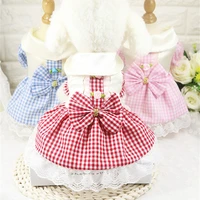 plaid summer dog one piece dress lace silk college style sweety lattice bowknot grid skirt for small dogs pet clothes chihuahua