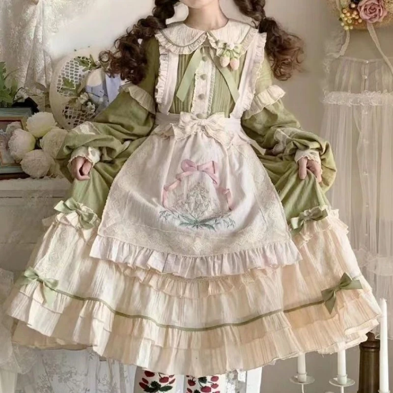 Japanese Kawaii Lolita OP Dress Women Vacation Gothic Sweet Cute Flower Bow Long Sleeve Princess Dresses Girls Tea Party Dress