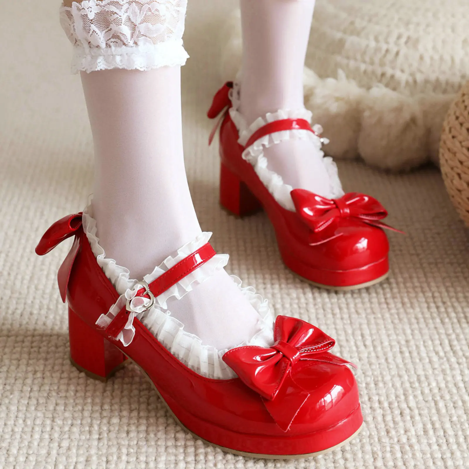 Eokkar Lolita Shoes Mary Janes Patent Leather Block Heel Pumps with Bow Kawaii Shoes for Women Platform Cute Pumps Cosplay Shoes