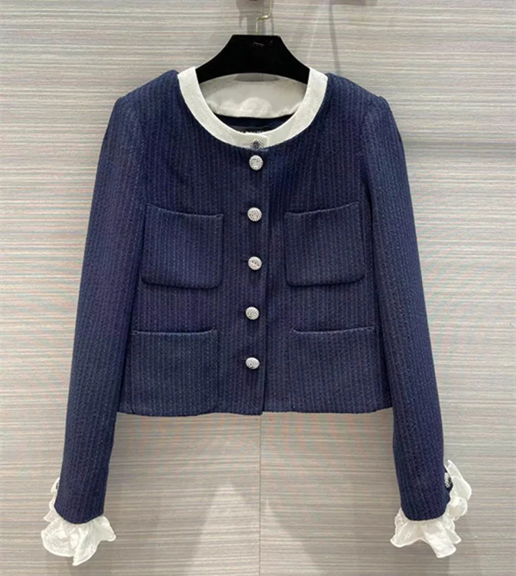

New European and American women's wear for winter 2022 Long sleeve round neck single breasted removable lace fashion tweed coat