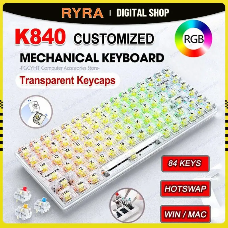 

RYRA Gaming Mechanical Keyboard Type-c Wired Green/Red/Yellow Switch 84 Key Hot Swap Ergonomics Transparentes 80% Gamer Keyboard