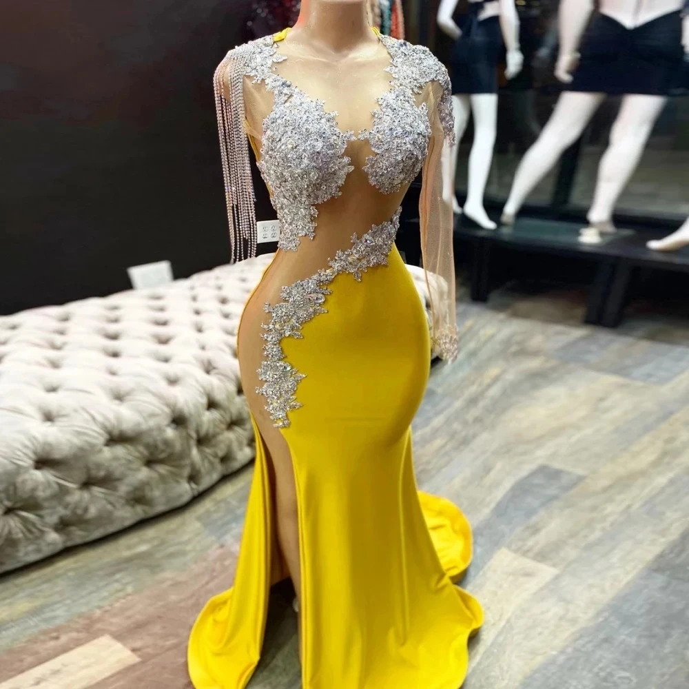 

Arabic Aso Ebi Mermaid Prom Dresses For Women One Shoulder Crystals Beading Long Sleeves O Neck Formal Evening Party Gowns C44