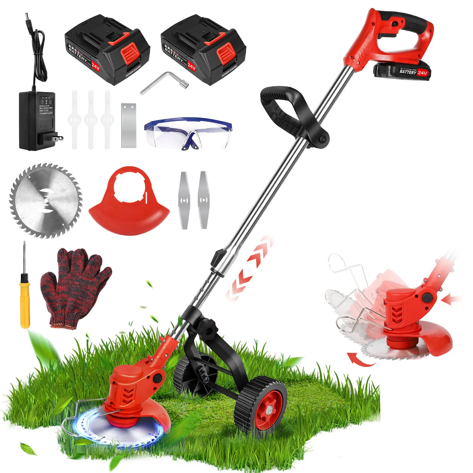 24V Electric Cordless Grass Trimmer Lawn Mower Hedge Trimmer Adjustable Handheld Garden Power Pruning Cutting Power with Wheels