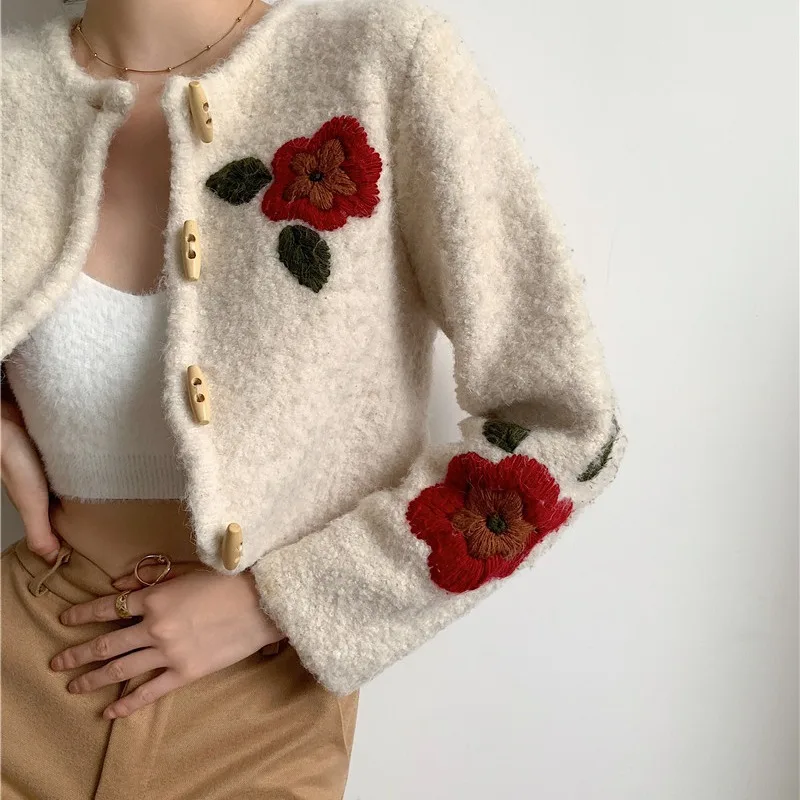 2021 Wool Knitted Cardigan Women's Heavy Industry Hand Embroidered Flower Coat