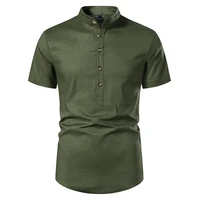 mens cotton linen henley shirts vintage army green short sleeve hippie casual beach shirt men summer streetwear chemise homme