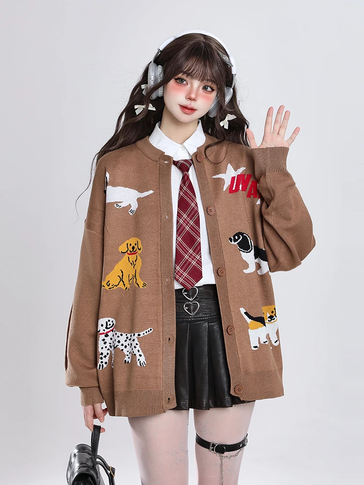 American vintage Cartoon Puppy Knit cardigan Autumn and Winter New Wear Idle Sle Korean Series Loose Sweater Outerwear Women