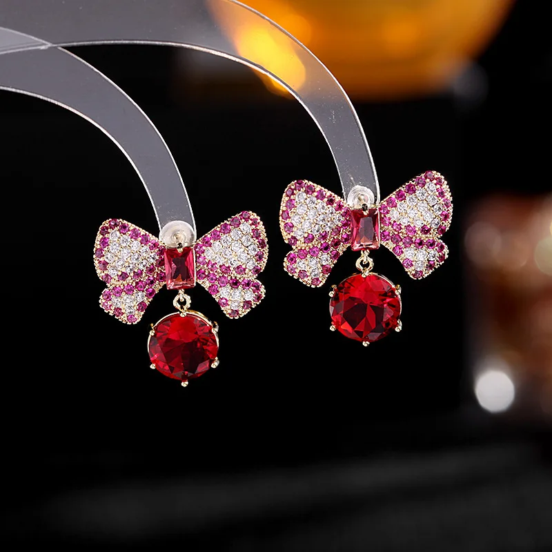 

Женские серьги в ретро-стиле, простые серьги из серебра пробы с микро-инкрустированным цирконием, серьги с цветным цирконием и бантом