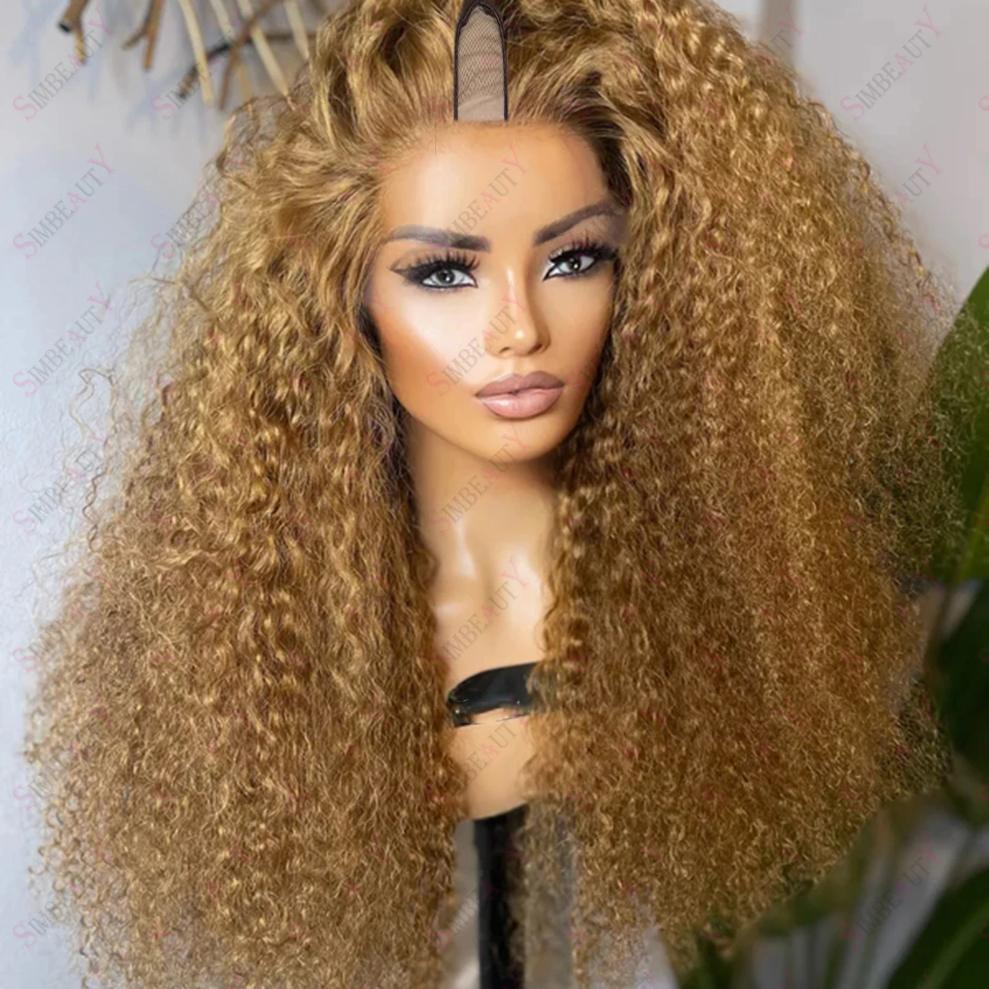 Highlights Honey Golden Blonde V Part Wigs Kinky Curly Unprocessed 100% Human Hair Ombre Brown Water Wave U Shape Full End