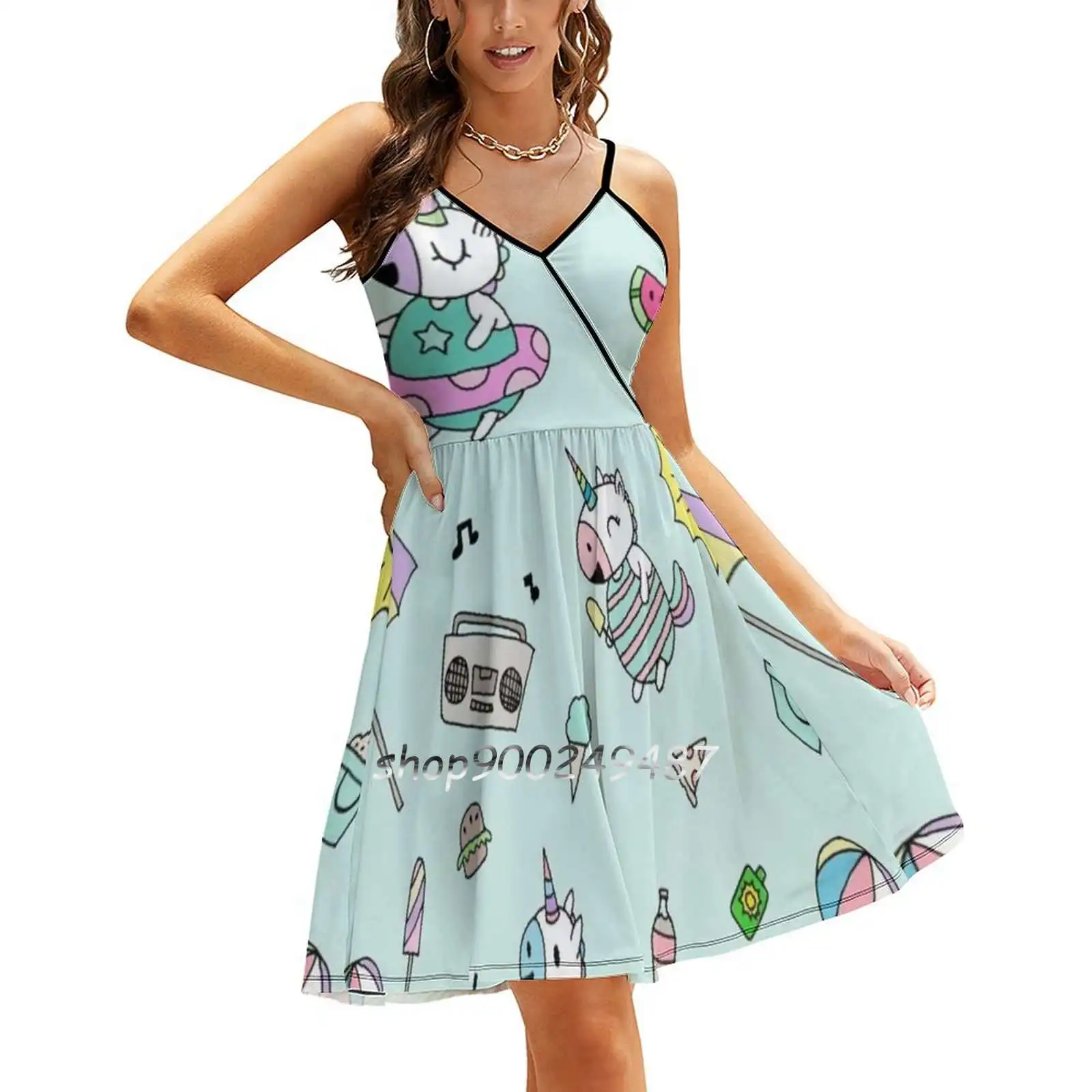 

Летнее платье-слинг для бассейна с единорогом, летнее платье, сексуальное ТРАПЕЦИЕВИДНОЕ ПЛАТЬЕ-слинг, модное женское платье, летнее праздв...