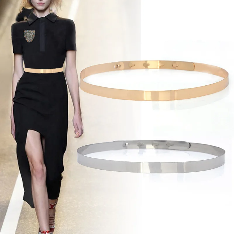 

Элегантный Простой Металлический универсальный модный женский кожаный ремень тонкий металлический пояс с золотой пряжкой аксессуары для платья