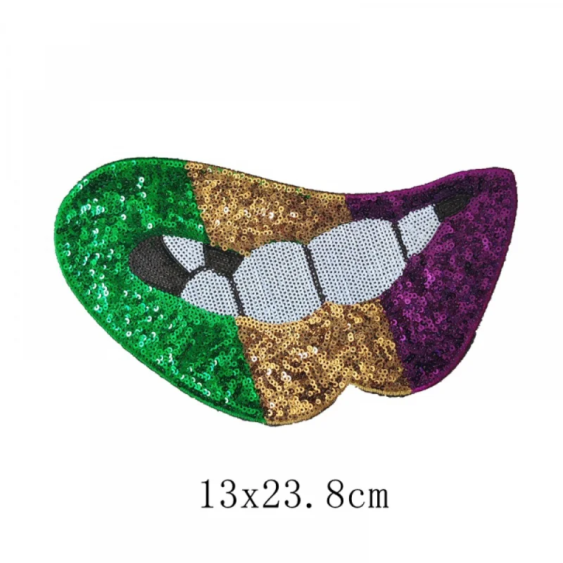 

New Arrival Purple Gold green Sequined Lips Patch Iron On Mouth Sticker For Garment Appliqued DIY Handmade Hoodie Backside Badge
