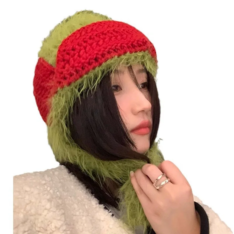 Корейская милая забавная цветная вязаная шерстяная шапка-бомбер женская