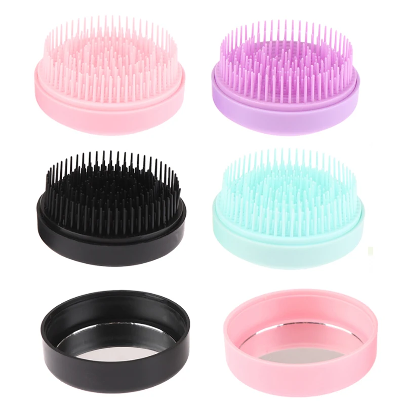 

1pc Portable Round Travel Massage Folding Comb Girl Hair Brush With Mirror Mini Pocket Mirror Styling Tools