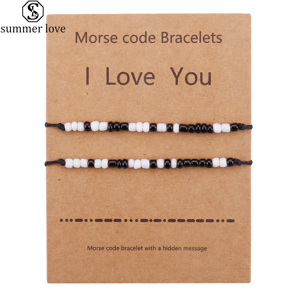 

I Love You Morse Code Bracelet Black White Seed Bead Couples Matching Bracelets for Women Men Lovers Adjustable Rope Jewelry