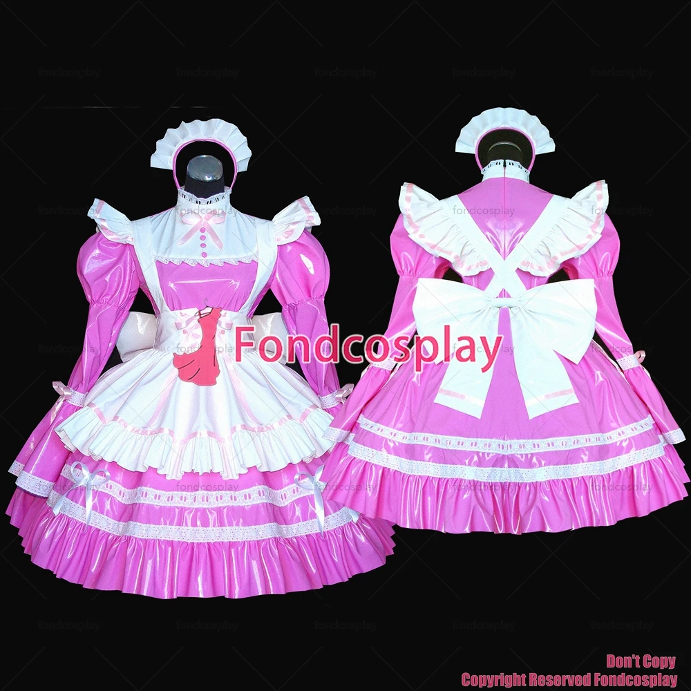 

fondcosplay adult sexy cross dressing sissy maid pink thin PVC dress lockable Uniform white apron costume Custom-made[G528]