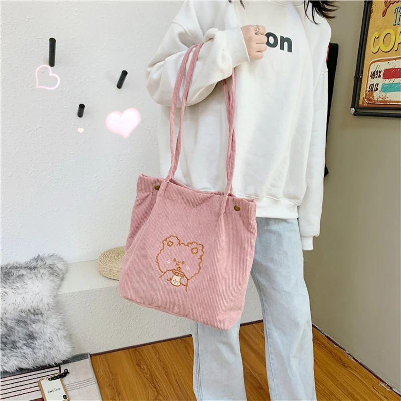 

Corduroy Shoulder Bag Women Bear Embroidery Large Capacity Kawaii School Bag Student Korean Fashion Soft Casual Shopping Bags