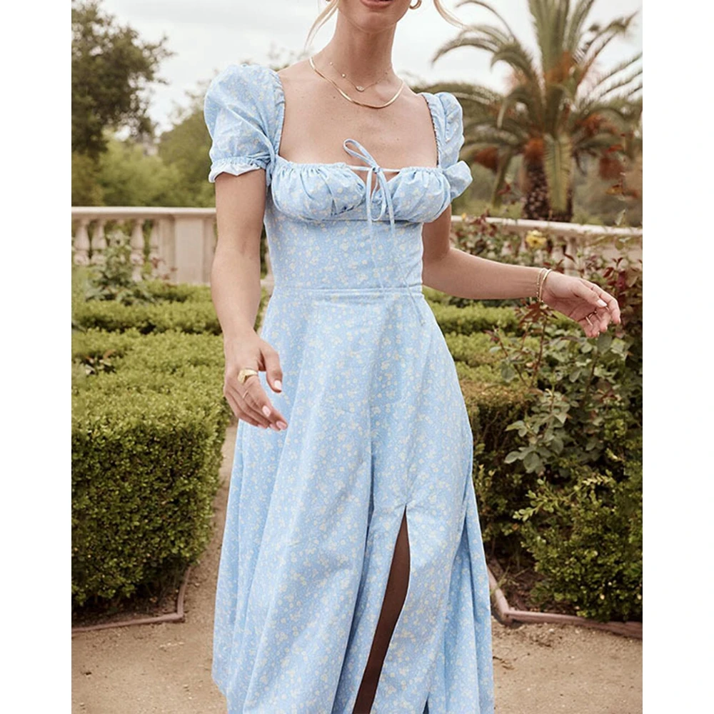 

Summer Women Squire Neck Floral Print Short Puff Sleeve Dress Casual 2023 Lace-up Hem Split Midi Dress For Women Vacation Street