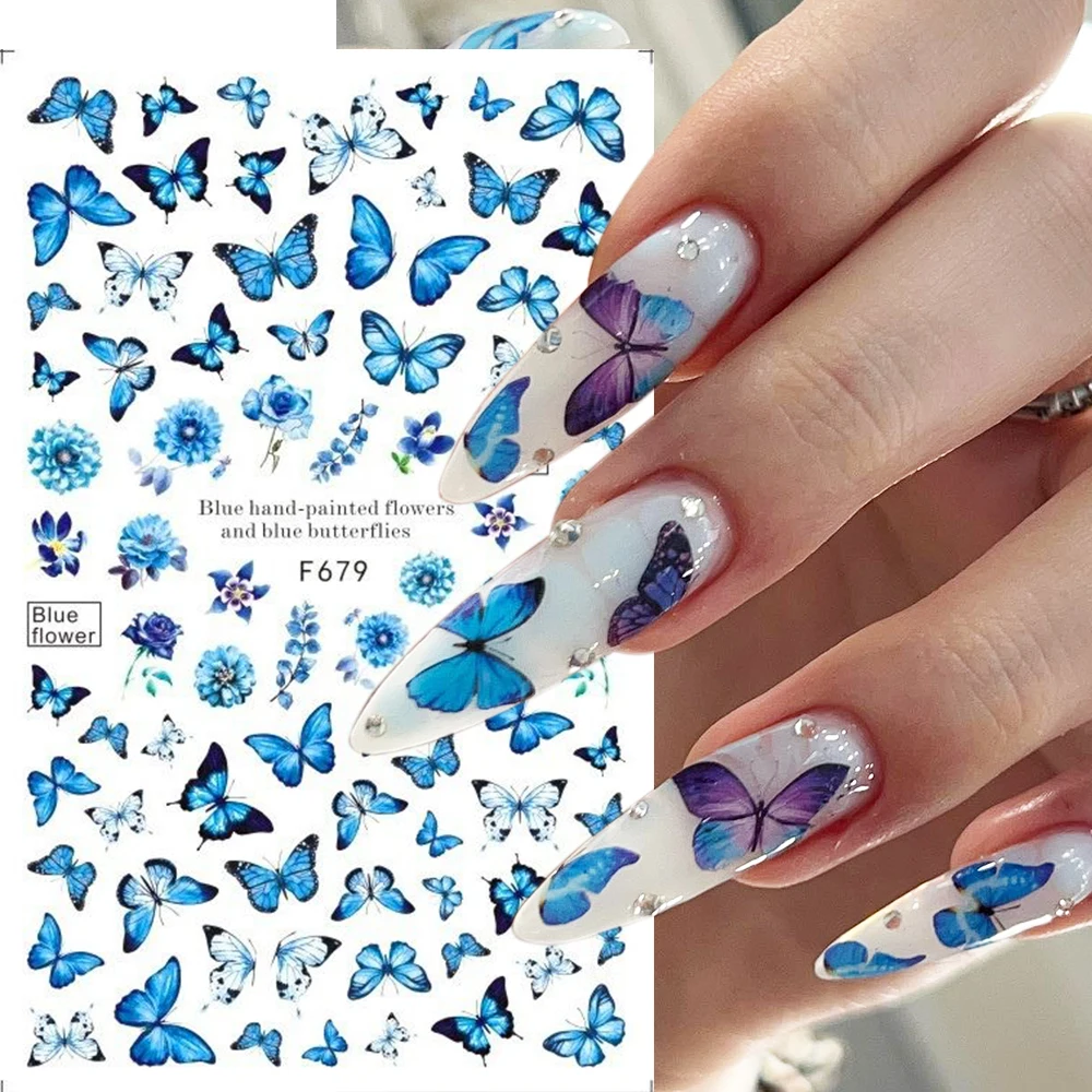 3D Blue Butterflies Nail Stickers Purple Flowers Nail Decals Spring Decor Tropical Leaf Plant Sliders Manicure Foil Wraps GLF679