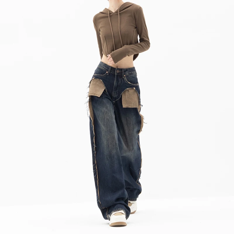 Autumn and Winter New Niche Fleece Padded Jeans Women's Straight Loose Wide Leg Pants Retro Washed Dark Blue Personality