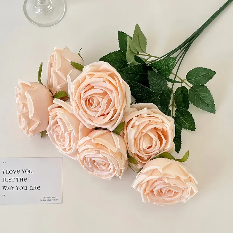 

7 головок розы, искусственное свадебное украшение для дома, матовая ткань, имитация букета роз, украшение для дома, отеля, искусственные цветы