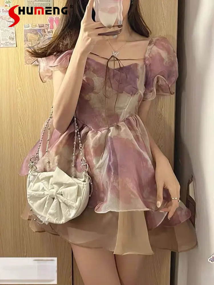 

Женское Короткое платье в Корейском стиле, элегантное платье принцессы во французском стиле с квадратным вырезом и зонтиком, лето 2023