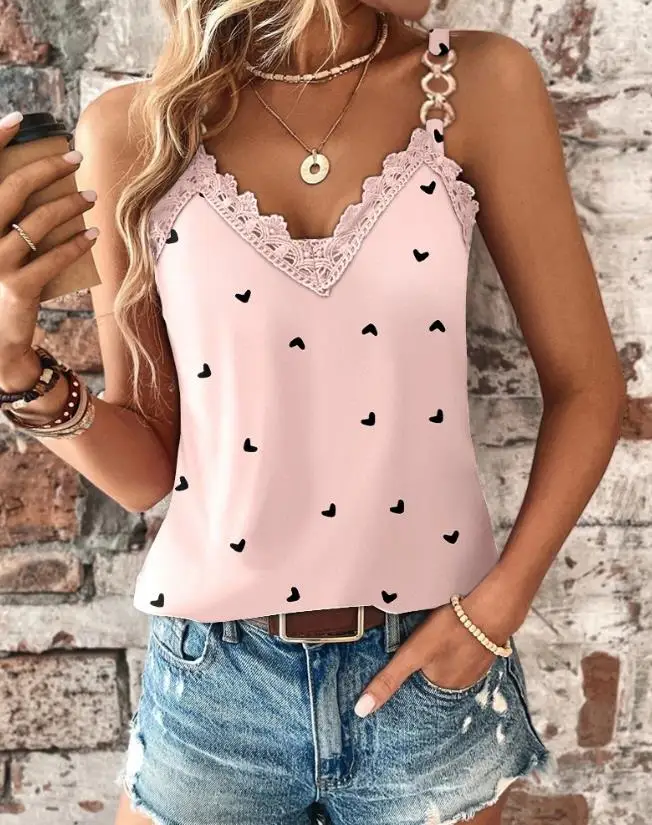

Tank Tops Women Solid Color Sleeveless Shirts Summer Casual Womens Shirts Heart Print Ombre Lace Patch V Neck Tanks Vest Top
