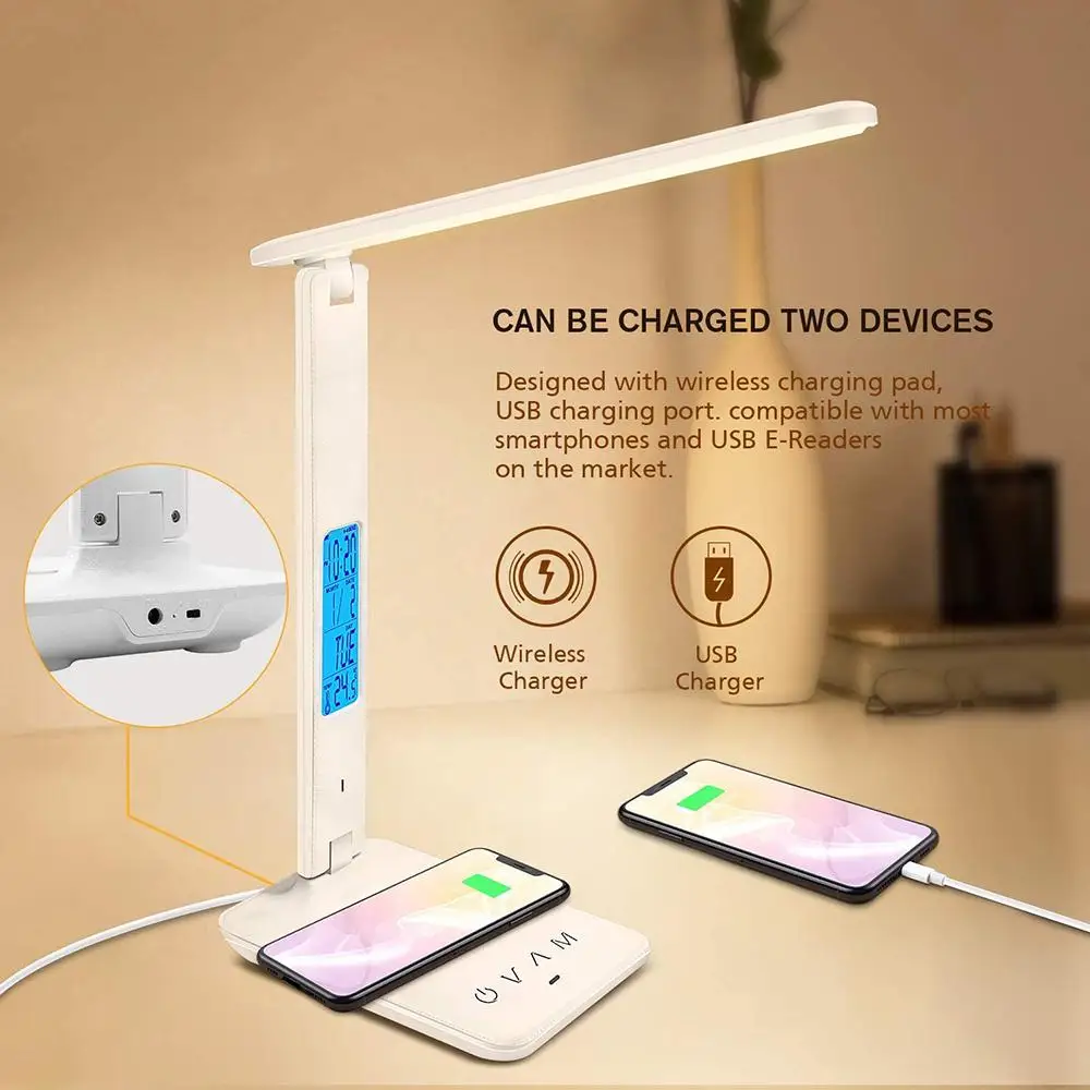 

10W Wireless Charging LED Desk Lamp With Calendar Temperature Alarm Clock Eye Protect Study Business USB Light Led Table Lamp