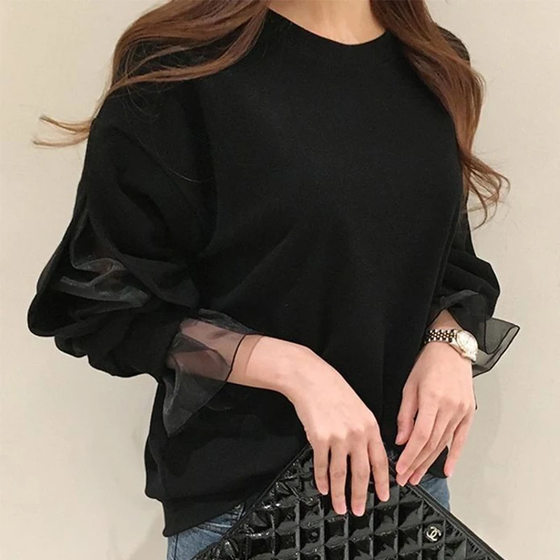 

Women Shirts 2022 Pullover Korean Mesh Stitching Raglan Sleeves Solid Color Loose Round Neck Top Casual Long Sleeve Sweatshirt