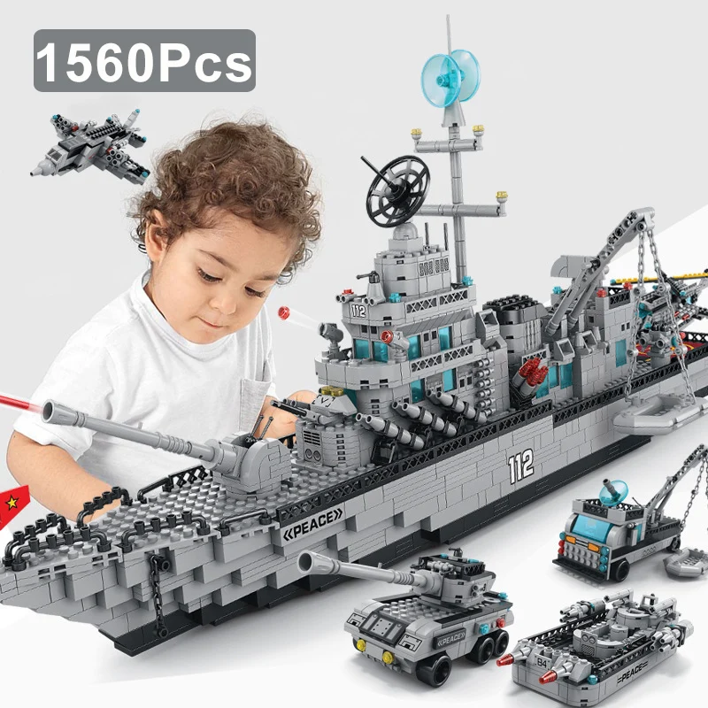 

Military 1560Pcs 6IN1 Guided Missile Destroyer Liaoning Aircraft Carrier Model Building Blocks WW2 Battle Cruiser Bricks Kid Toy