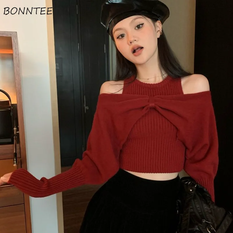 

Pullovers Women Autumn Knitting Bow Batwing Sleeve 5-colors Sweet Girls Kawaii All-match Stylish Elegant Temperament Ulzzang Ins