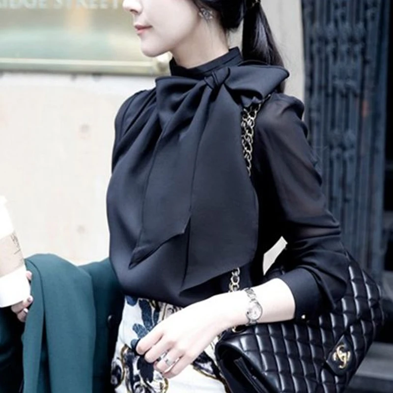 

Spring Chiffon Bow Bottoming Shirt Tops Long Sleeve Loose Solid Color Blouse Temperament Fashion Women Clothing