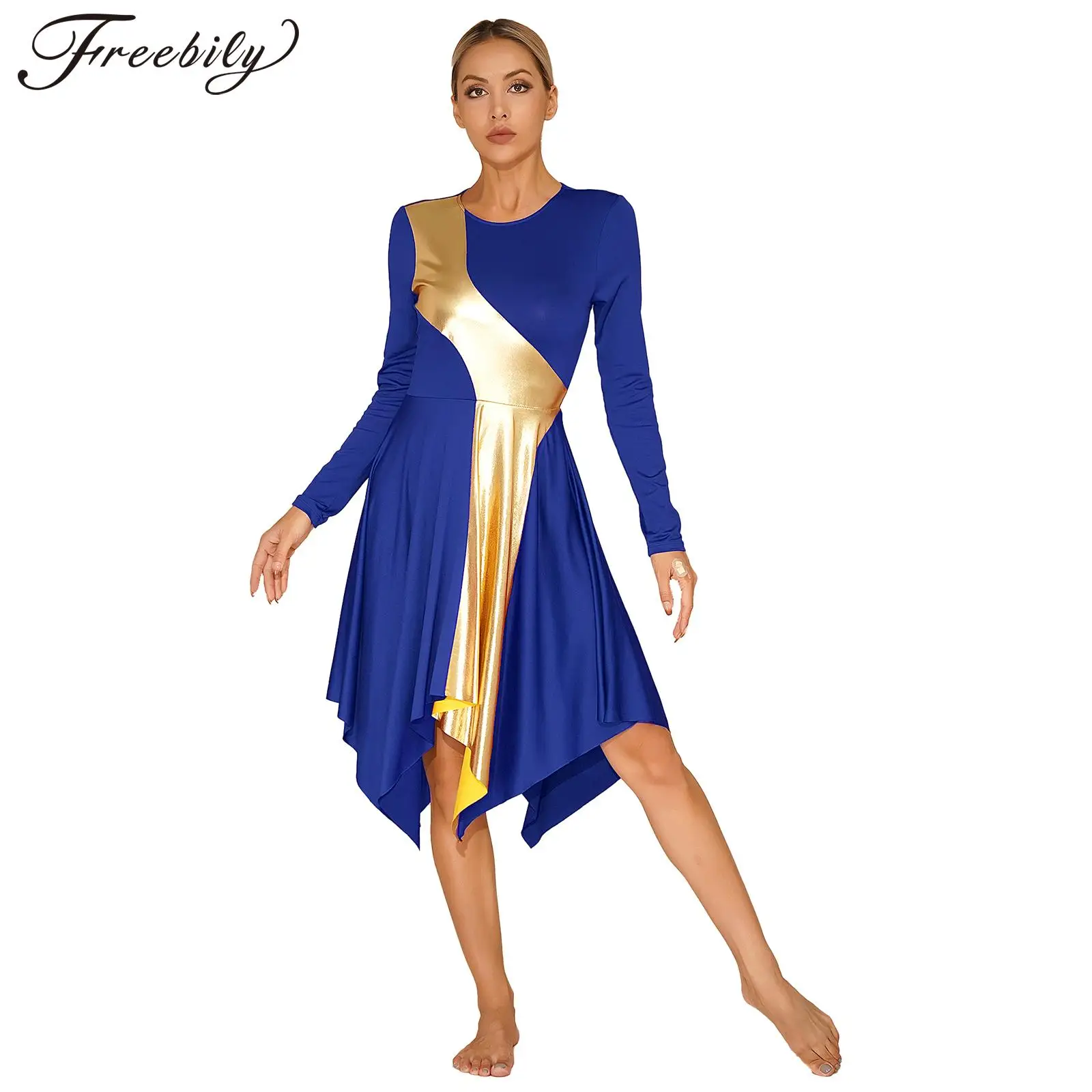

Women Metallic Color Block Praise Dance Dress Long Sleeve Asymmetrical Hem Church Worship Lyrical Dance Stage Performance Dress